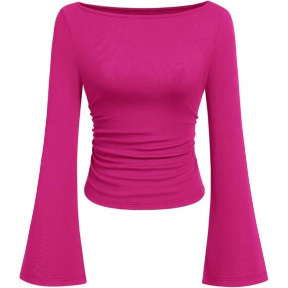 Women's Long Sleeve Shirts Crop Tops Rose Pink - Picture 1 of 6